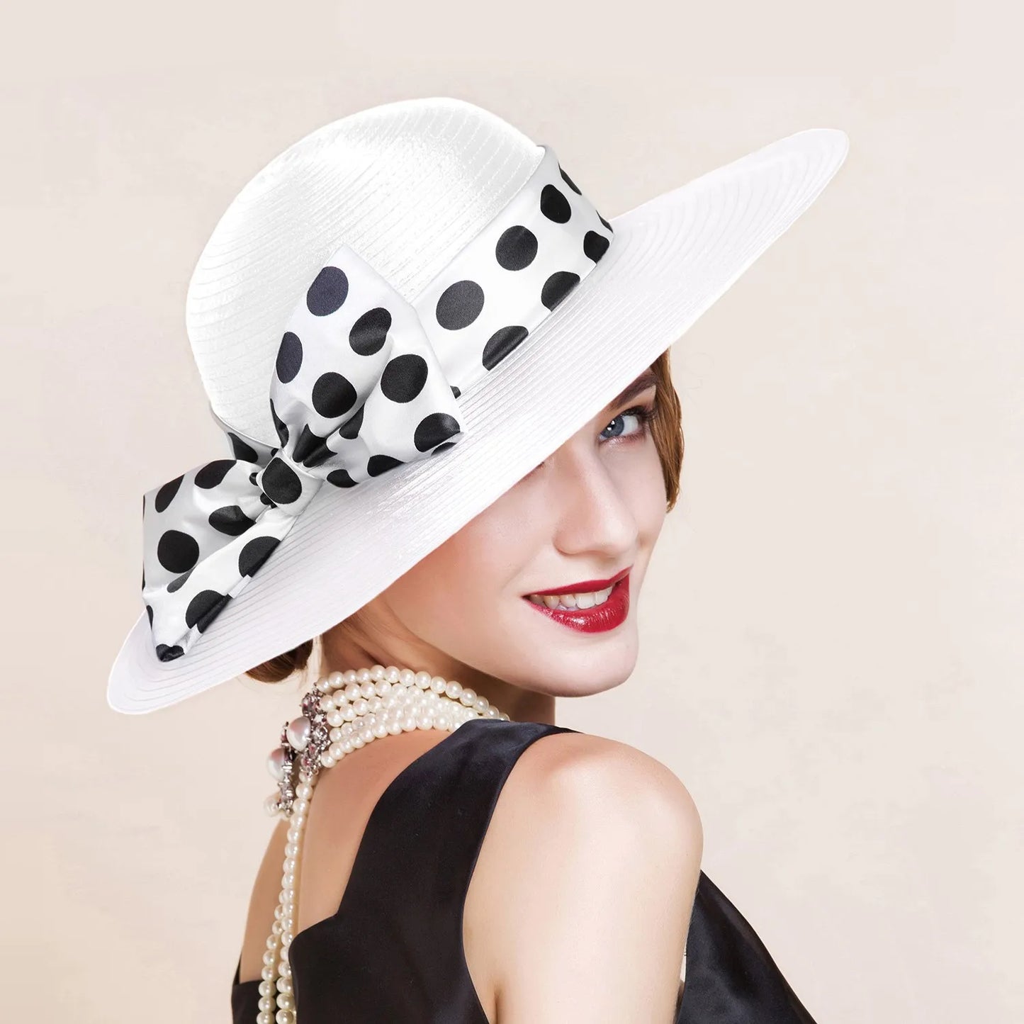EE 4025 Spring/Summer Dome Bowknot Wave Dot Big Eaves Sunshade Sunscreen Straw Hat English Elegant Hat Female Summer