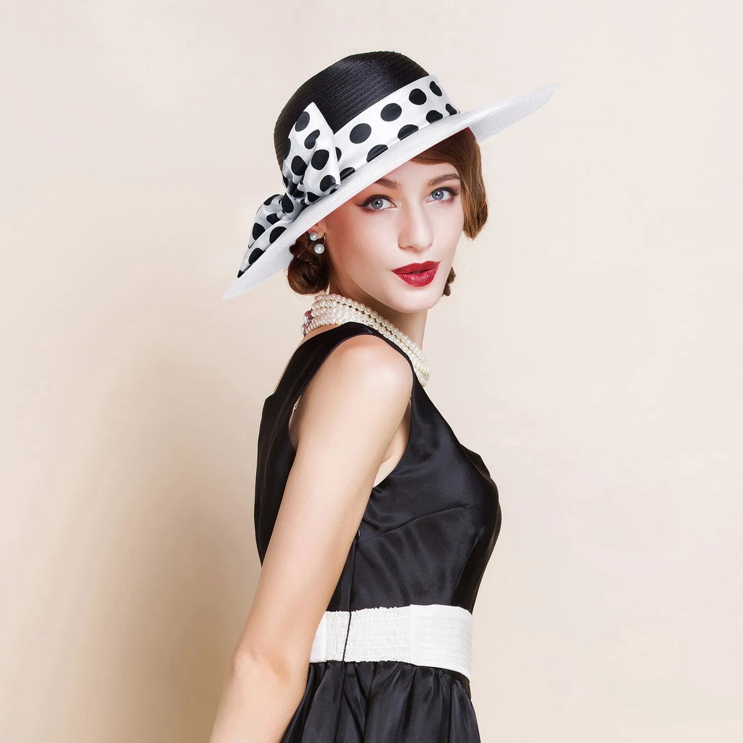 EE 4025 Spring/Summer Dome Bowknot Wave Dot Big Eaves Sunshade Sunscreen Straw Hat English Elegant Hat Female Summer