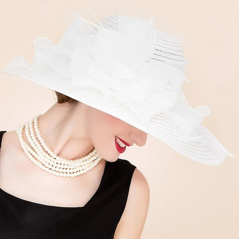 EE 4038 New Organza Top Hat Versatile British Jockey Club Women's Hat Wide brim White