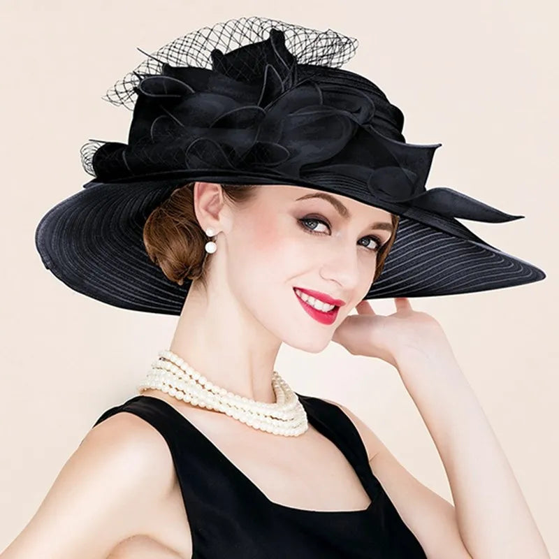 EE 4038 New Organza Top Hat Versatile British Jockey Club Women's Hat Wide brim White