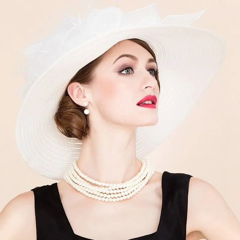 EE 4038 New Organza Top Hat Versatile British Jockey Club Women's Hat Wide brim White
