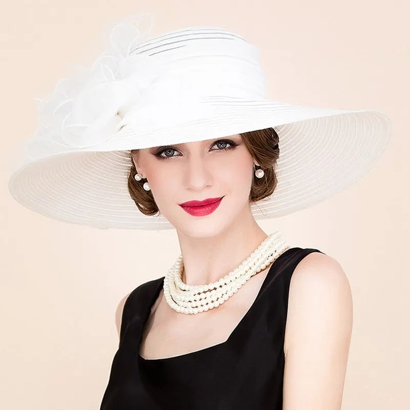 EE 4038 New Organza Top Hat Versatile British Jockey Club Women's Hat Wide brim White