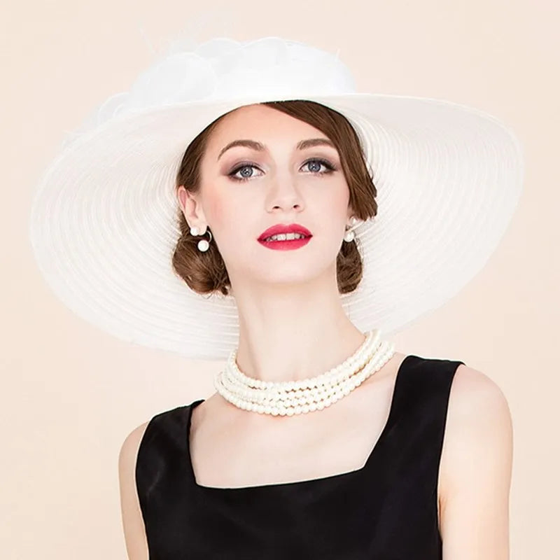 EE 4038 New Organza Top Hat Versatile British Jockey Club Women's Hat Wide brim White