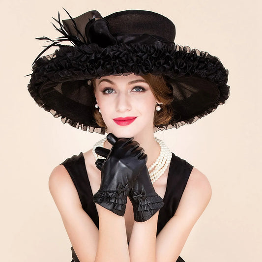 EE 4050  European Style Versatile Big Eave Shade Organza Top Hat Black Ladies and Celebrities Hat Women's Summer
