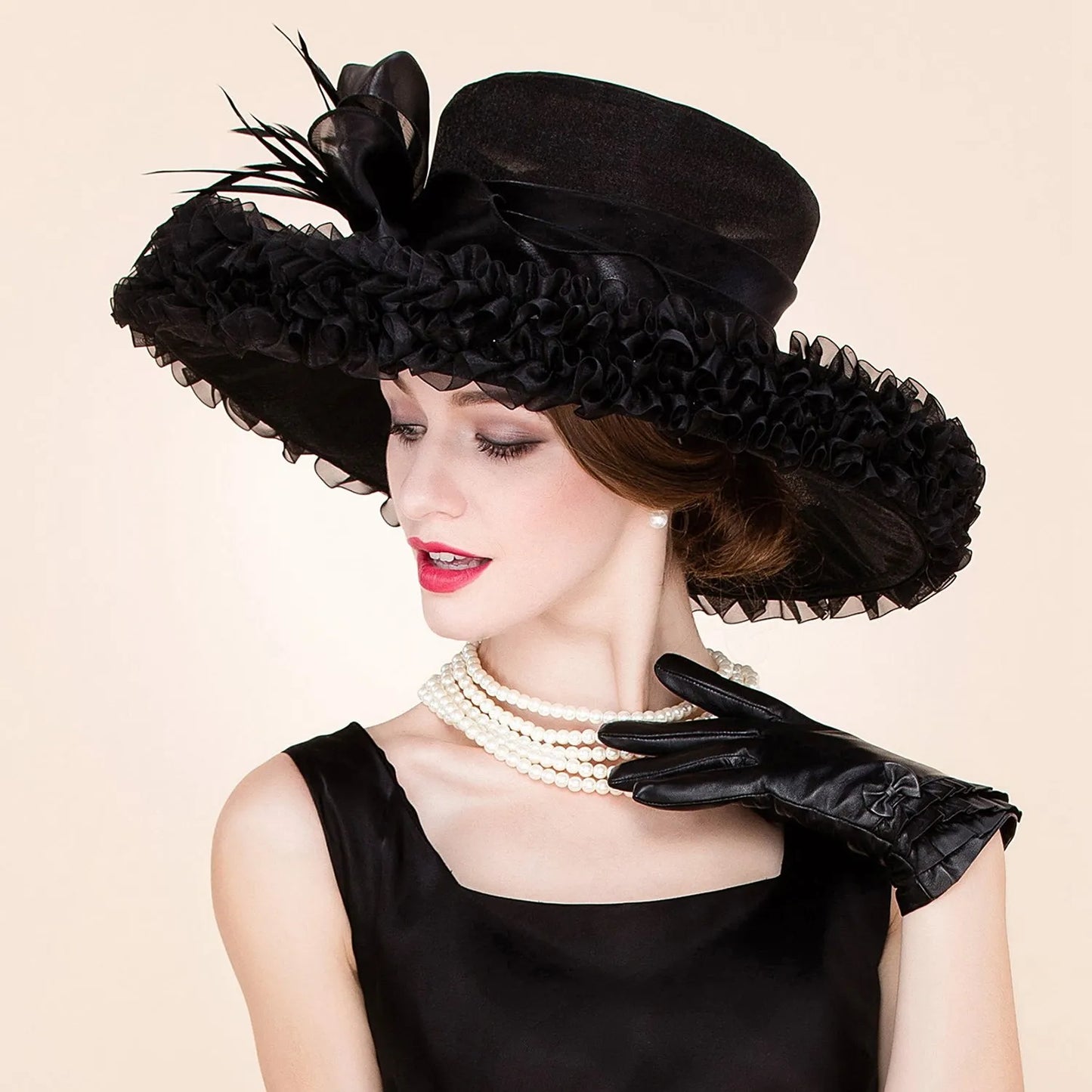 EE 4050  European Style Versatile Big Eave Shade Organza Top Hat Black Ladies and Celebrities Hat Women's Summer