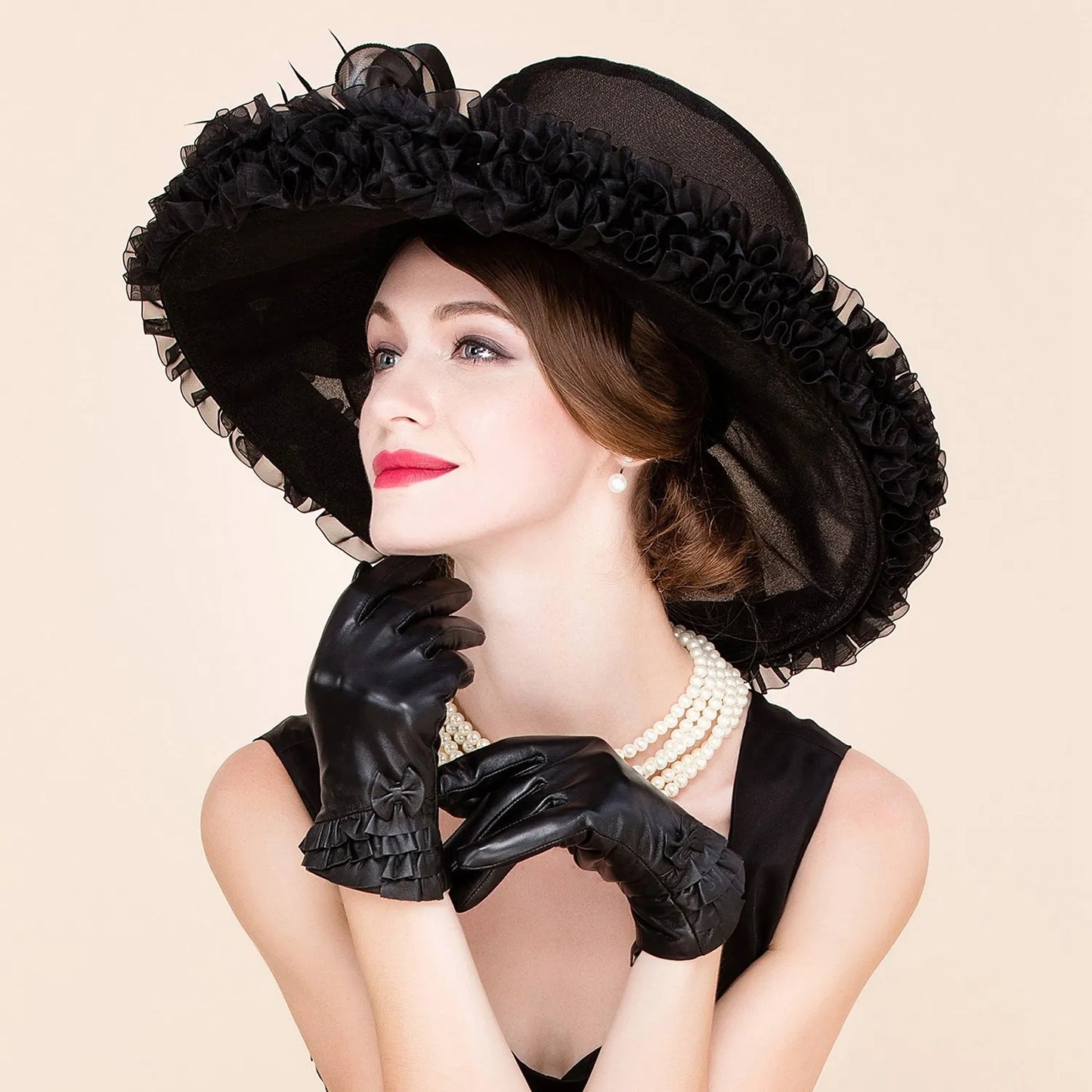EE 4050  European Style Versatile Big Eave Shade Organza Top Hat Black Ladies and Celebrities Hat Women's Summer