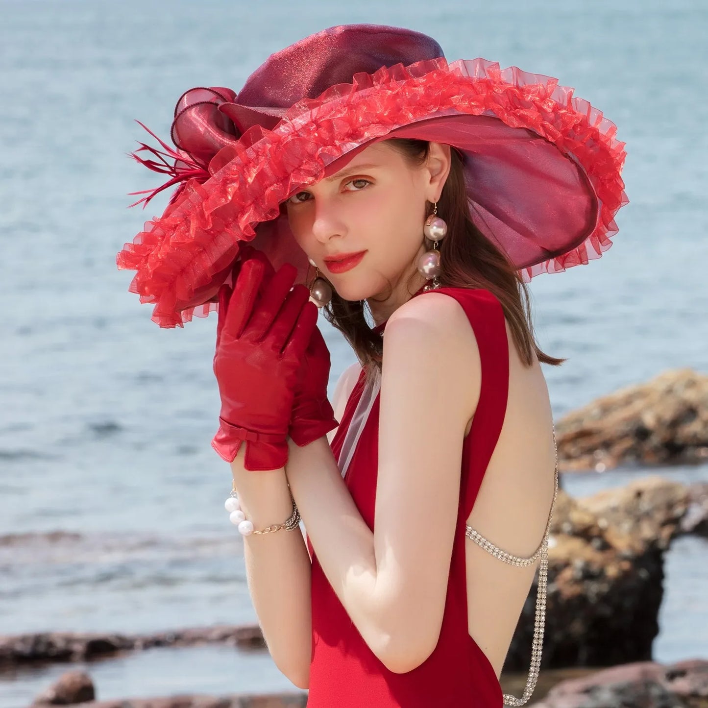 EE 4050  European Style Versatile Big Eave Shade Organza Top Hat Black Ladies and Celebrities Hat Women's Summer