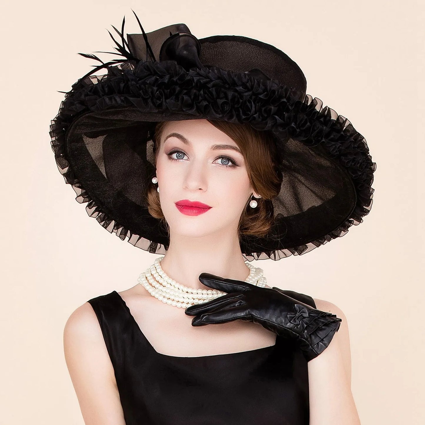 EE 4050  European Style Versatile Big Eave Shade Organza Top Hat Black Ladies and Celebrities Hat Women's Summer