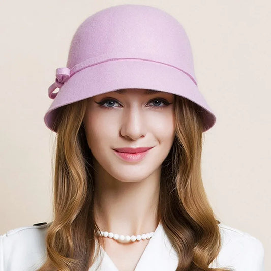 FADVES Vintage Wool Felt Cloche Hat, Winter Bucket Style with Bow, Church Wedding Fascinator 5000