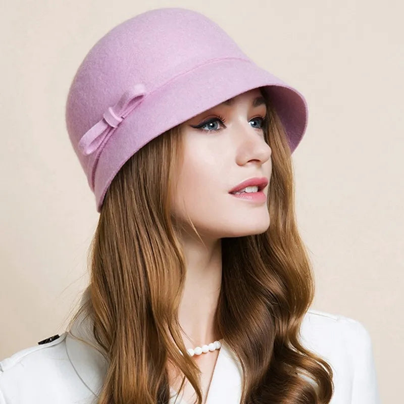 FADVES Vintage Wool Felt Cloche Hat, Winter Bucket Style with Bow, Church Wedding Fascinator 5000