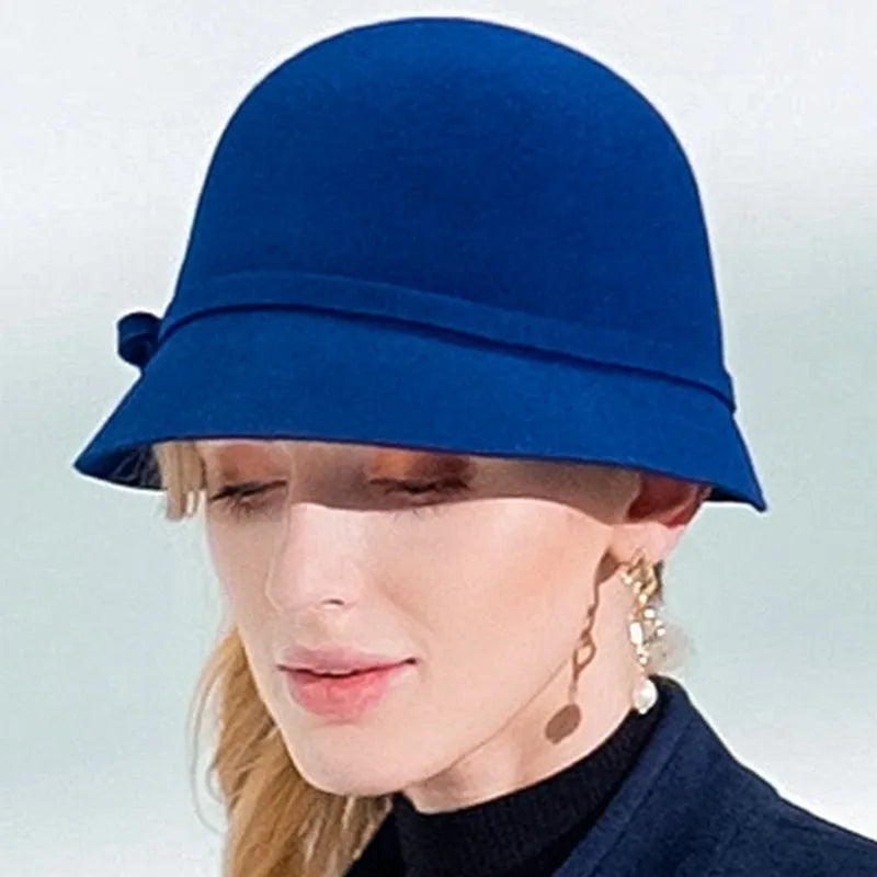 FADVES Vintage Wool Felt Cloche Hat, Winter Bucket Style with Bow, Church Wedding Fascinator 5000