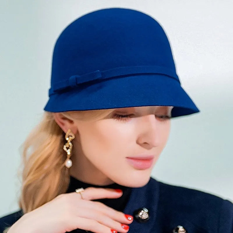 FADVES Vintage Wool Felt Cloche Hat, Winter Bucket Style with Bow, Church Wedding Fascinator 5000