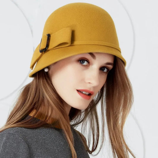 FADVES Women Solid Color 100% Wool Winter Hat Women Cloche Bucket Bowler with Bowknot 5003