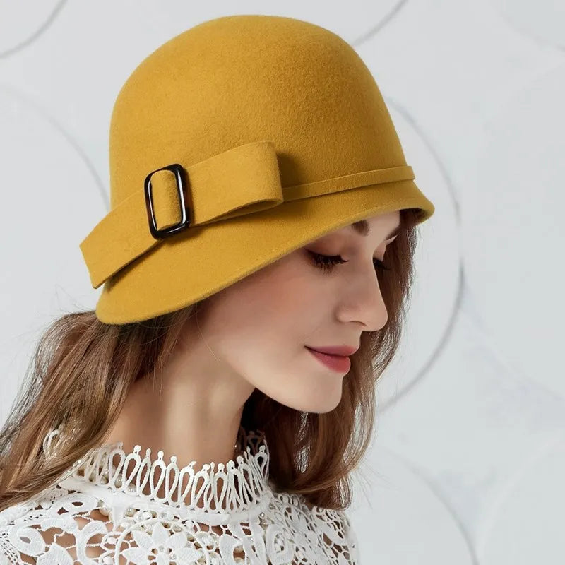 FADVES Women Solid Color 100% Wool Winter Hat Women Cloche Bucket Bowler with Bowknot 5003