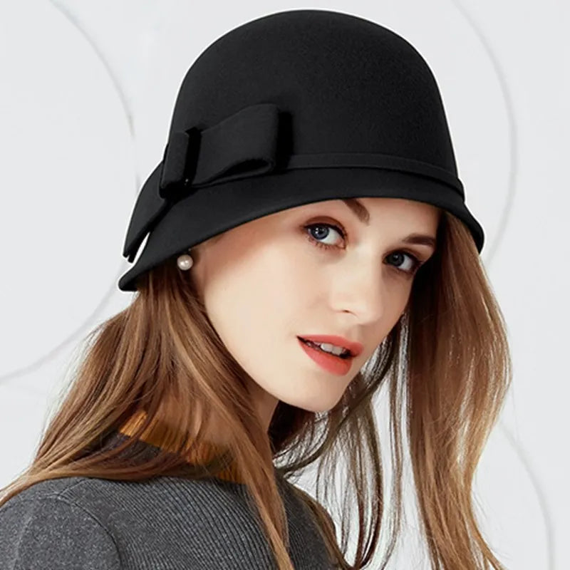 FADVES Women Solid Color 100% Wool Winter Hat Women Cloche Bucket Bowler with Bowknot 5003