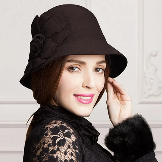 Vintage Wide Brim Wool Fedora Hat, Black, Winter Warm, Classic Style, Women's Fashion 5005