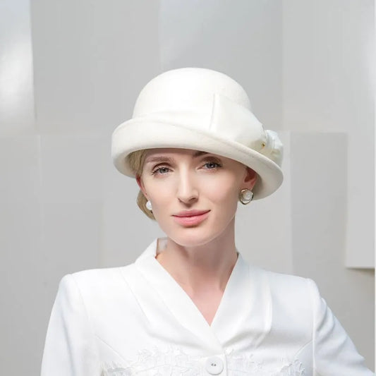 EE 5008  Autumn and Winter New Versatile Elegant Women's Top Hat Wool White Bow Curled Hat