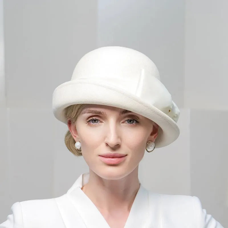 EE 5008  Autumn and Winter New Versatile Elegant Women's Top Hat Wool White Bow Curled Hat