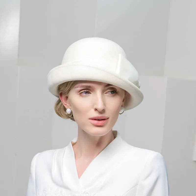 EE 5008  Autumn and Winter New Versatile Elegant Women's Top Hat Wool White Bow Curled Hat