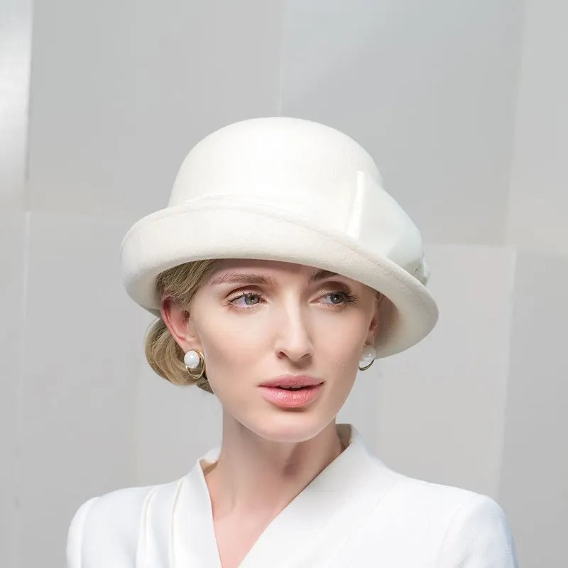EE 5008  Autumn and Winter New Versatile Elegant Women's Top Hat Wool White Bow Curled Hat