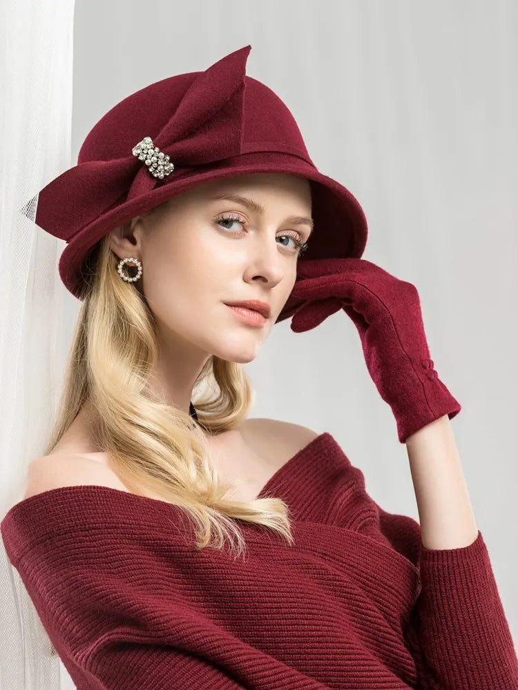 EE 5011 autumn and winter new wool hat autumn travel British hat women diamond bow wool hat