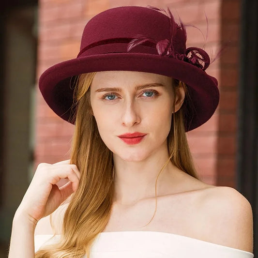 EE 5015 Autumn/Winter wool feather hat everything with winter elegant black curled-brimmed hat female autumn