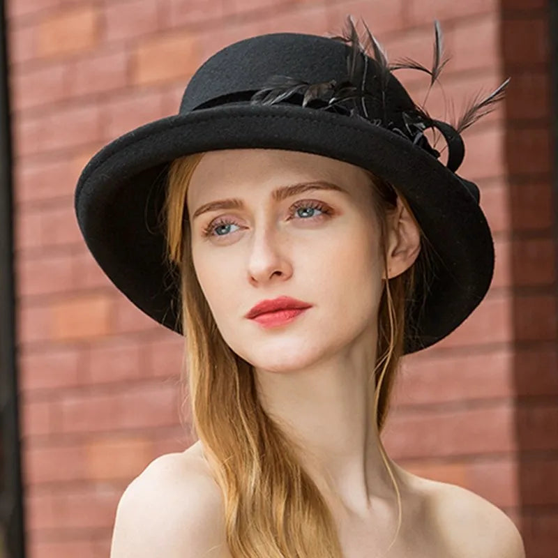 EE 5015 Autumn/Winter wool feather hat everything with winter elegant black curled-brimmed hat female autumn