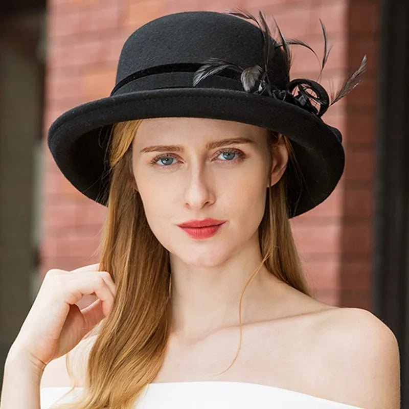 EE 5015 Autumn/Winter wool feather hat everything with winter elegant black curled-brimmed hat female autumn