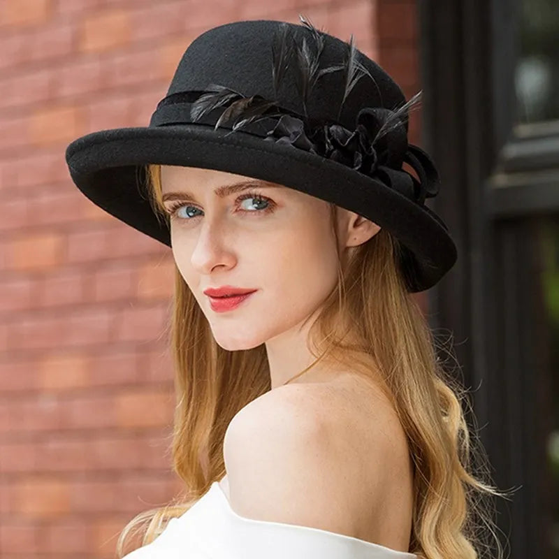 EE 5015 Autumn/Winter wool feather hat everything with winter elegant black curled-brimmed hat female autumn