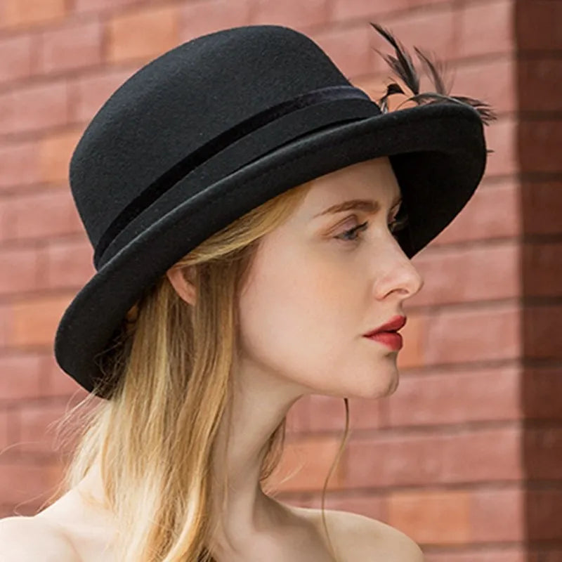 EE 5015 Autumn/Winter wool feather hat everything with winter elegant black curled-brimmed hat female autumn
