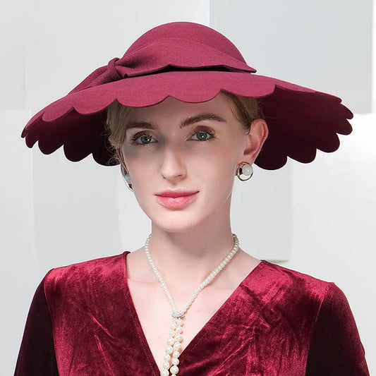 EE 5028 new winter irregular edge of pure wool big brim hat bowknot felt trilby female restoring ancient ways