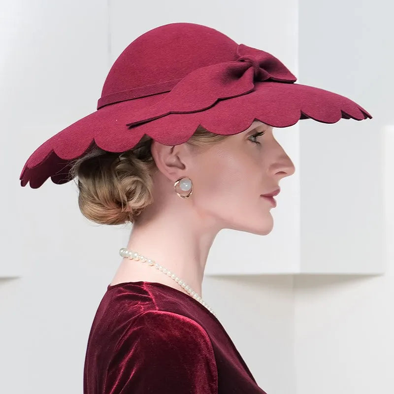 EE 5028 new winter irregular edge of pure wool big brim hat bowknot felt trilby female restoring ancient ways