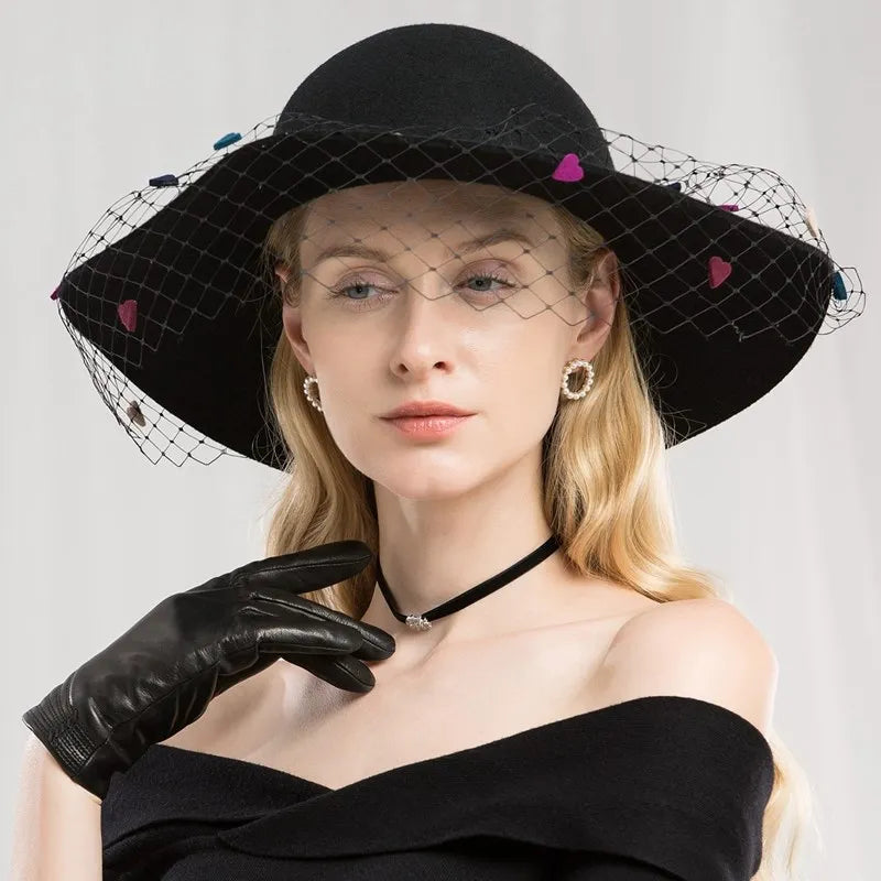 EE 5031 Autumn-winter British vintage wool top hat elegant hundred mesh large eaves winter black women's hat women