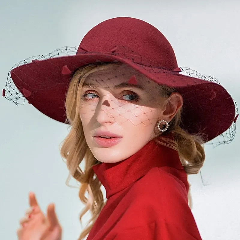 EE 5031 Autumn-winter British vintage wool top hat elegant hundred mesh large eaves winter black women's hat women