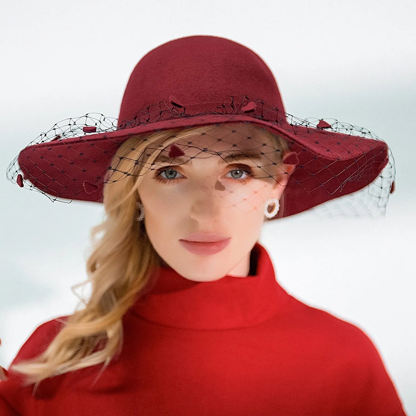 EE 5031 Autumn-winter British vintage wool top hat elegant hundred mesh large eaves winter black women's hat women