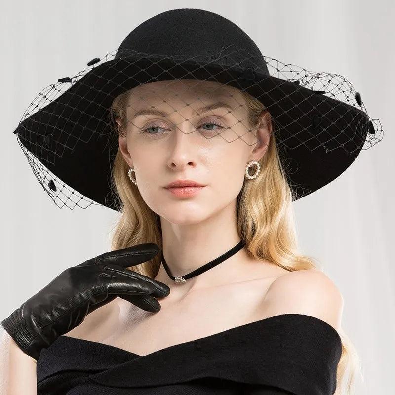 EE 5031 Autumn-winter British vintage wool top hat elegant hundred mesh large eaves winter black women's hat women