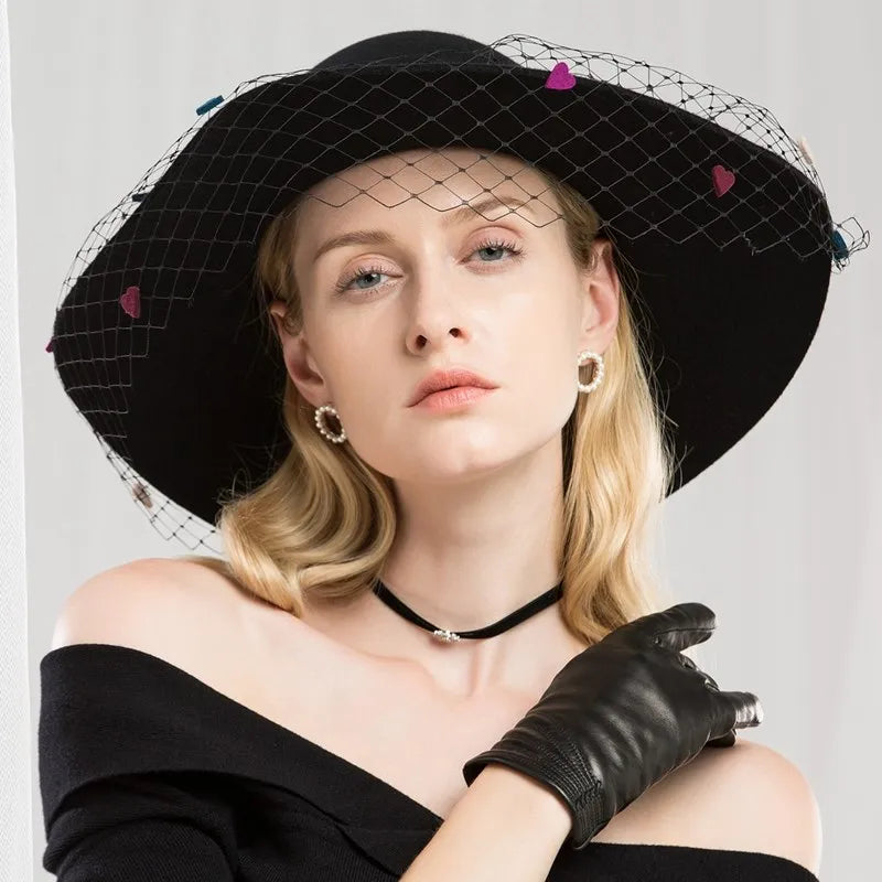 EE 5031 Autumn-winter British vintage wool top hat elegant hundred mesh large eaves winter black women's hat women