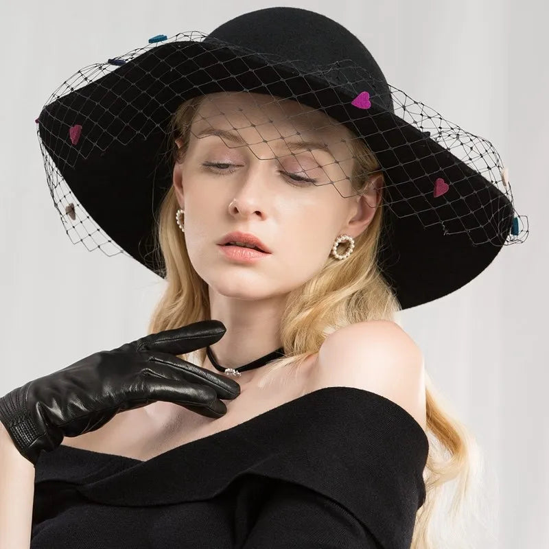 EE 5031 Autumn-winter British vintage wool top hat elegant hundred mesh large eaves winter black women's hat women