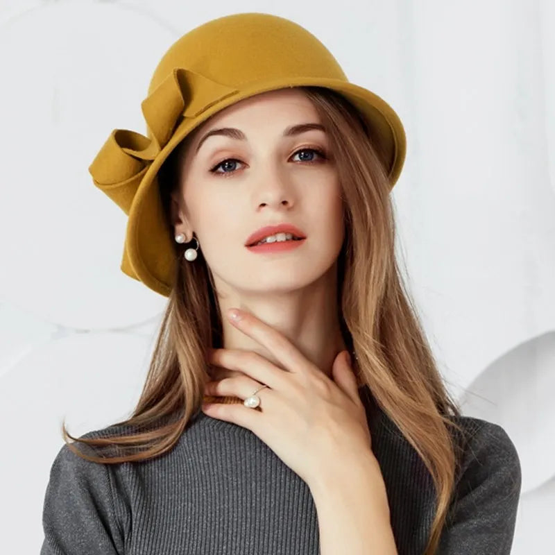 EE 5037 Autumn and Winter New British Wool Top Hat Casual Versatile Wool Hat Yellow Elegant Travel Shopping Hat Girl