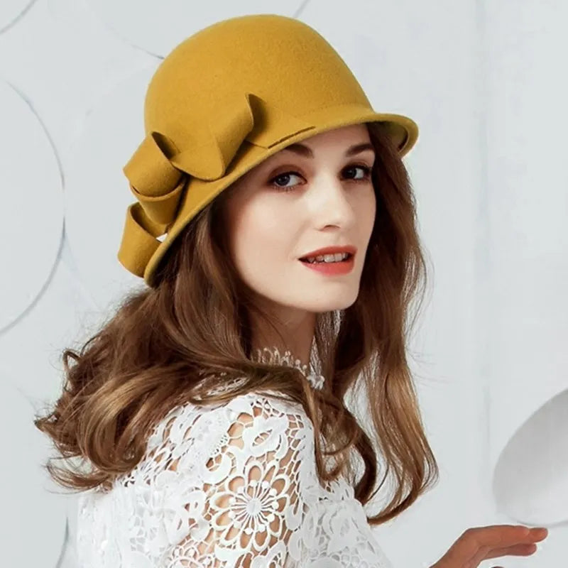 EE 5037 Autumn and Winter New British Wool Top Hat Casual Versatile Wool Hat Yellow Elegant Travel Shopping Hat Girl