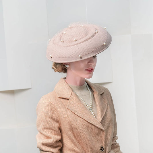 Elegant Wide Brim Fascinator Hat,  Wool, Pearl Embellished Mesh Veil, Church Wedding Party Formal Wear 5083