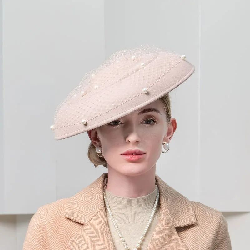 Elegant Wide Brim Fascinator Hat,  Wool, Pearl Embellished Mesh Veil, Church Wedding Party Formal Wear 5083