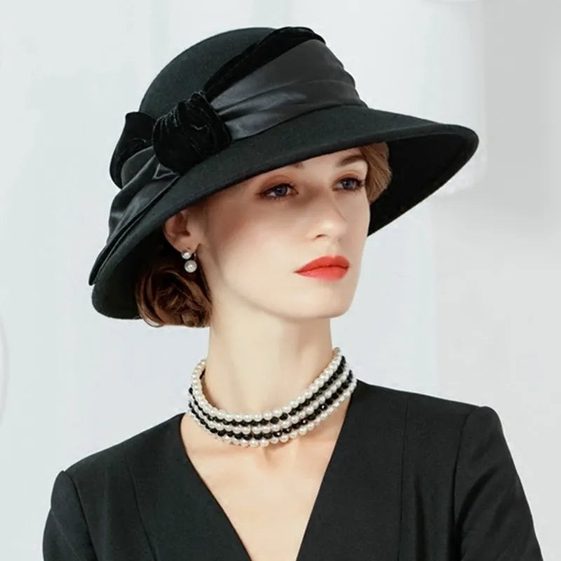 EE 5087 Autumn/Winter British Wool Hat Wide brim Elegant Versatile Wool Hat Autumn/Winter Women's Fashion Korean Edition