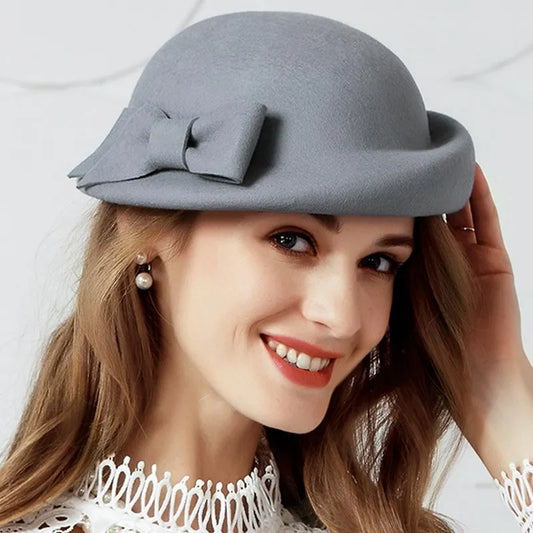 FADVES Vintage Style Elegant British Wool Felt Bowler Hat, Gray, Formal Dress Hat with Bow Detail 5116