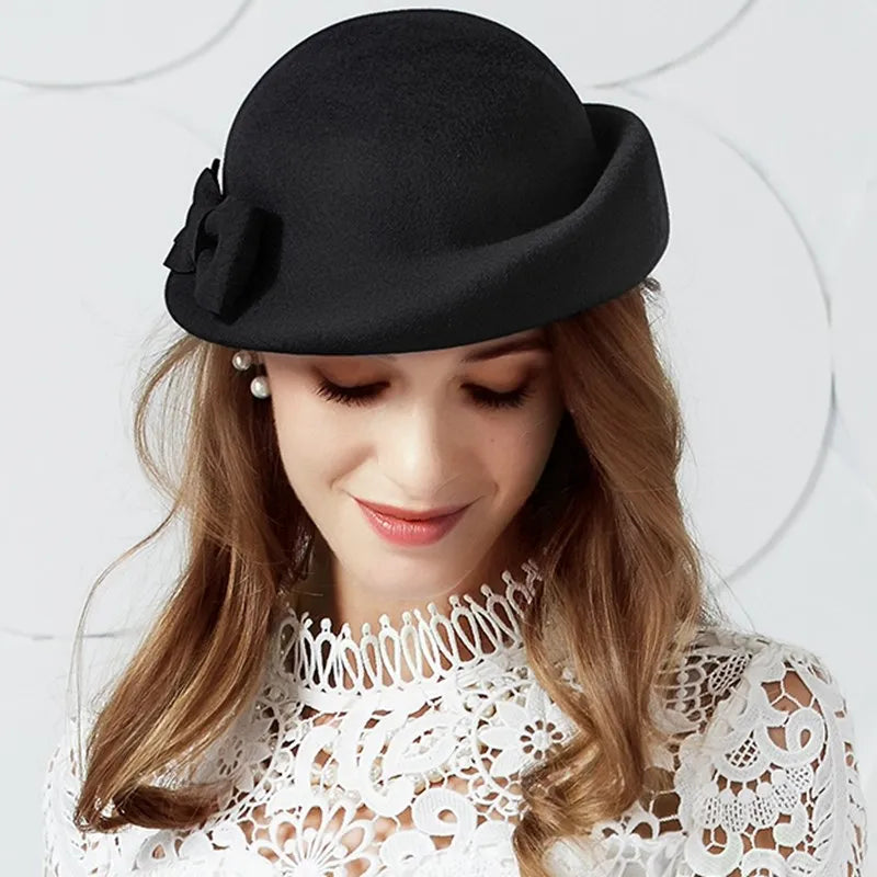 FADVES Vintage Style Elegant British Wool Felt Bowler Hat, Gray, Formal Dress Hat with Bow Detail 5116