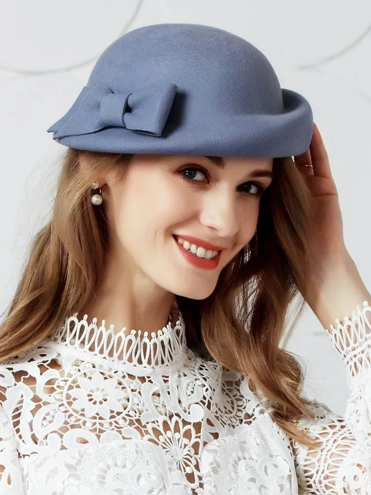 FADVES Vintage Style Elegant British Wool Felt Bowler Hat, Gray, Formal Dress Hat with Bow Detail 5116