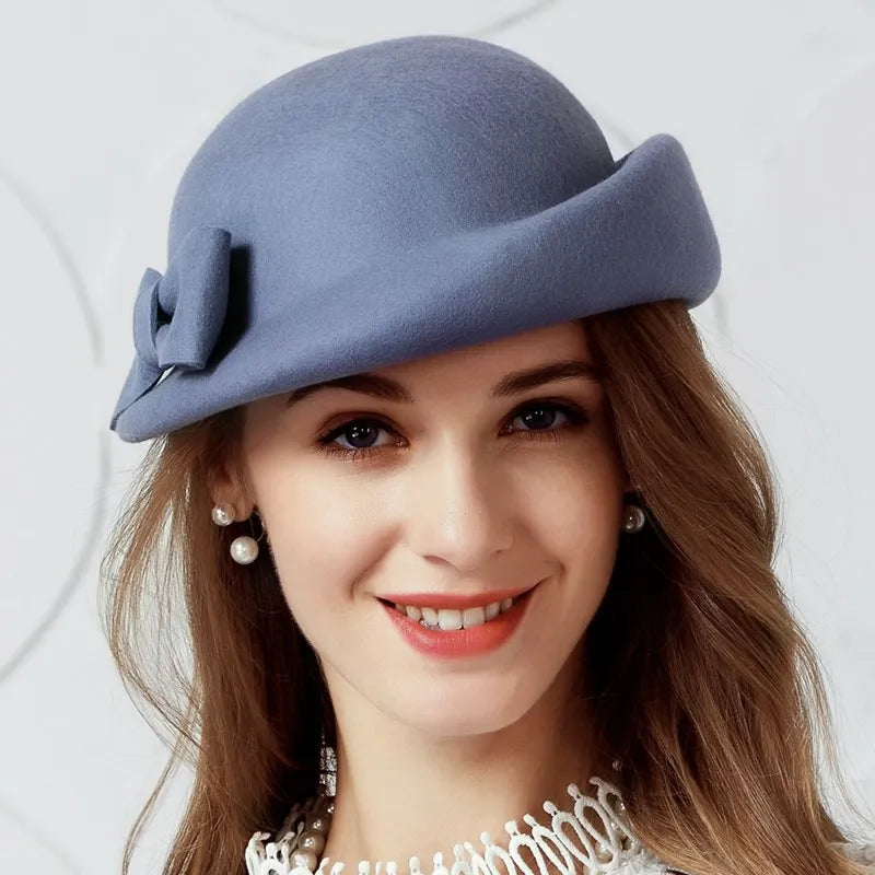 FADVES Vintage Style Elegant British Wool Felt Bowler Hat, Gray, Formal Dress Hat with Bow Detail 5116