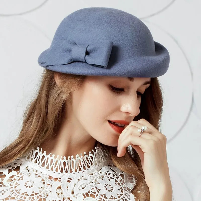 FADVES Vintage Style Elegant British Wool Felt Bowler Hat, Gray, Formal Dress Hat with Bow Detail 5116