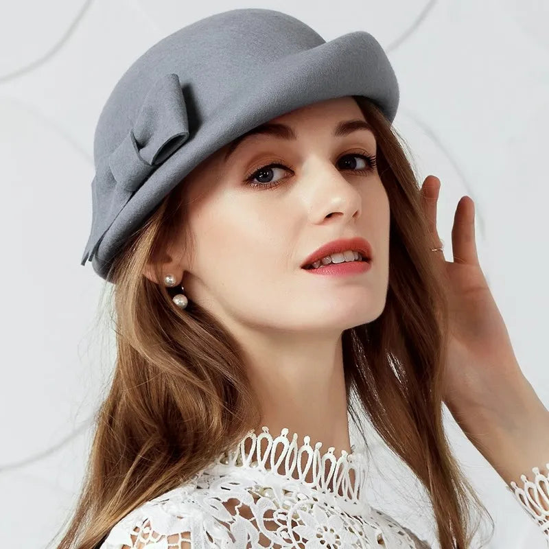 FADVES Vintage Style Elegant British Wool Felt Bowler Hat, Gray, Formal Dress Hat with Bow Detail 5116