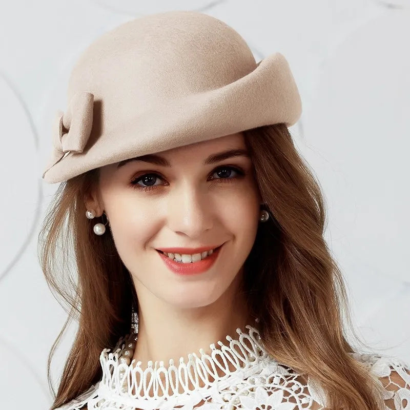 FADVES Vintage Style Elegant British Wool Felt Bowler Hat, Gray, Formal Dress Hat with Bow Detail 5116